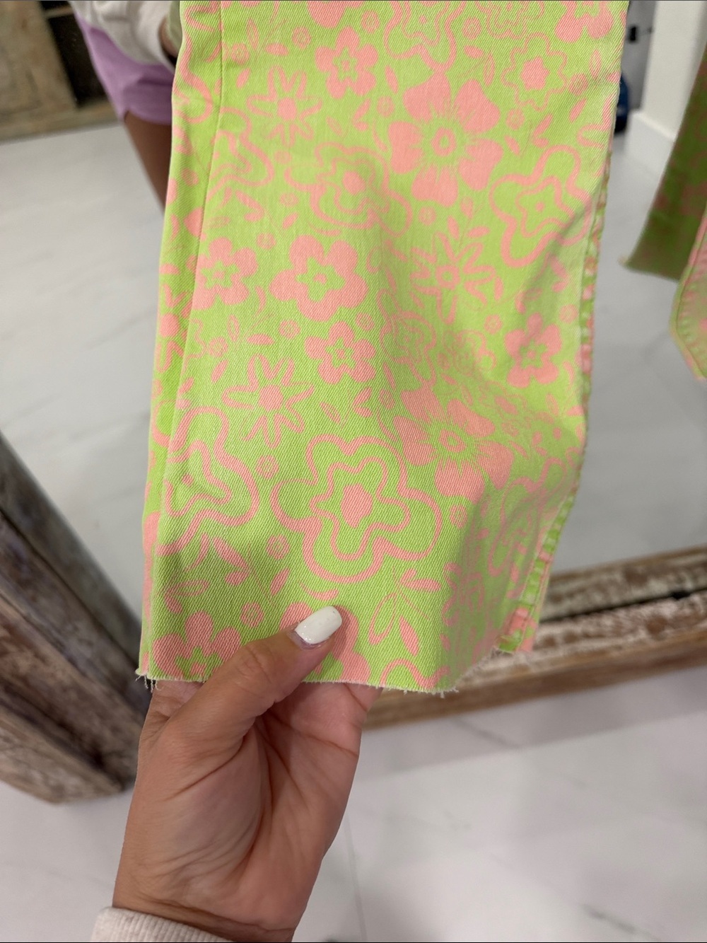 Zara Lime Green and Pink Floral Cropped Flare Jeans - Picture 5 of 7